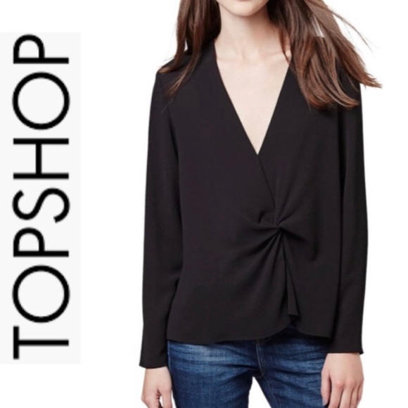 🎉TopShop Black Front Knot Long Sleeve Blouse Size 10 - Picture 2 of 8